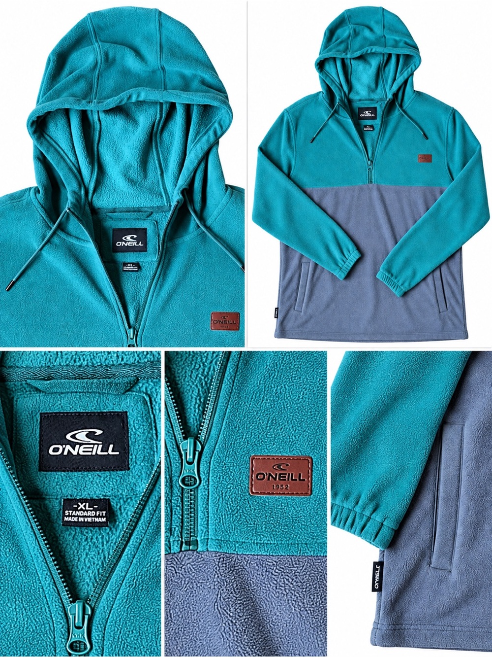 O'Neill Teal and Gray Half-Zip Hooded Fleece Pullover